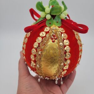 Elegant Vintage Red and Gold Pusg Pin Beaded Sequin MCM Extra Large Ornament